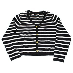 Women V Neck Cardigan Sweater Cropped Gold Buttons Black White Stripe Small